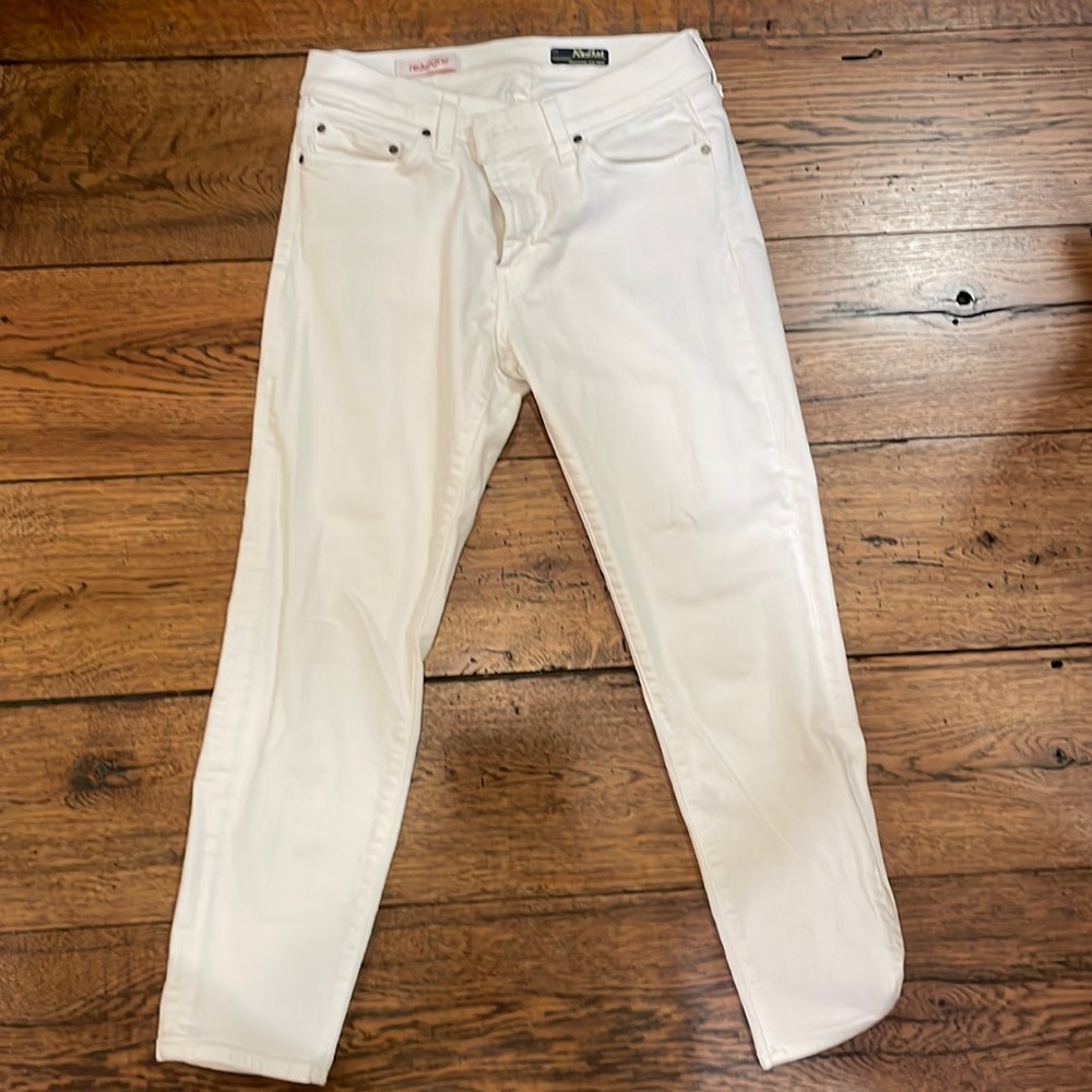 Red engine white crop jeans